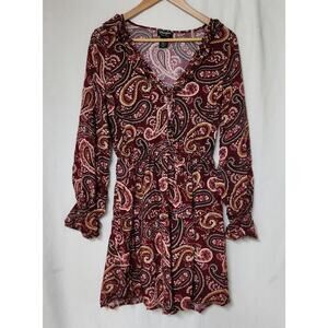 Wrangler Retro Maroon Paisley Dress Long Sleeve Boho Women's Large Rayon